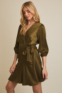 Elena Surplice Wrap Dress – Olive Green 3/4 Sleeve Waist Tie Mini Dress