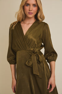 Elena Surplice Wrap Dress – Olive Green 3/4 Sleeve Waist Tie Mini Dress