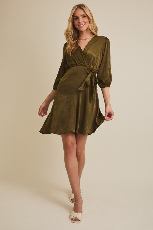 Elena Surplice Wrap Dress – Olive Green 3/4 Sleeve Waist Tie Mini Dress