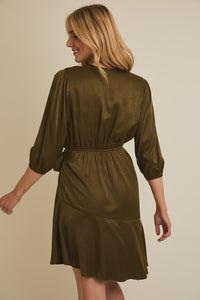 Elena Surplice Wrap Dress – Olive Green 3/4 Sleeve Waist Tie Mini Dress