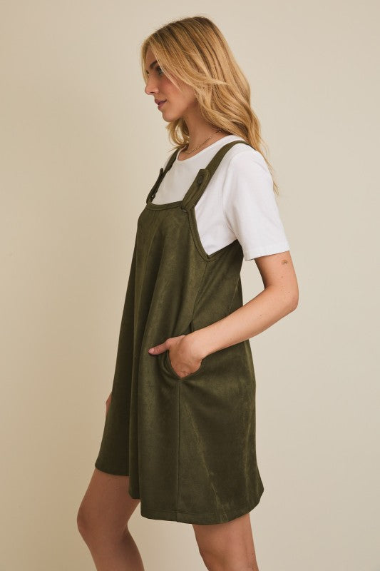 The Sadie Suede Overall Dress – Olive A-Line Pinafore with Pockets
