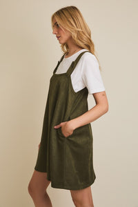 The Sadie Suede Overall Dress – Olive A-Line Pinafore with Pockets