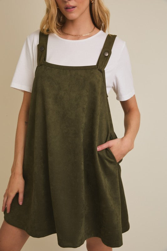 The Sadie Suede Overall Dress – Olive A-Line Pinafore with Pockets