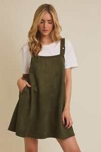 The Sadie Suede Overall Dress – Olive A-Line Pinafore with Pockets