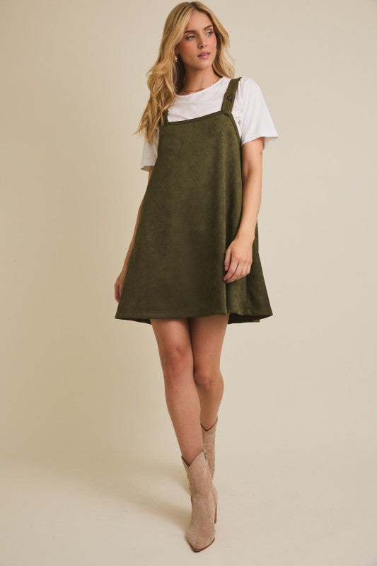The Sadie Suede Overall Dress – Olive A-Line Pinafore with Pockets
