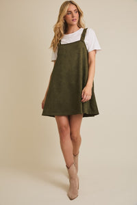 The Sadie Suede Overall Dress – Olive A-Line Pinafore with Pockets