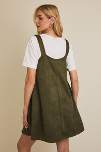 The Sadie Suede Overall Dress – Olive A-Line Pinafore with Pockets