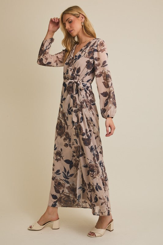 The Maribelle Floral Wrap Maxi Dress – Long Sleeve Surplice Chiffon Dress