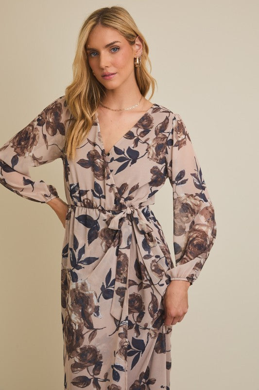 The Maribelle Floral Wrap Maxi Dress – Long Sleeve Surplice Chiffon Dress