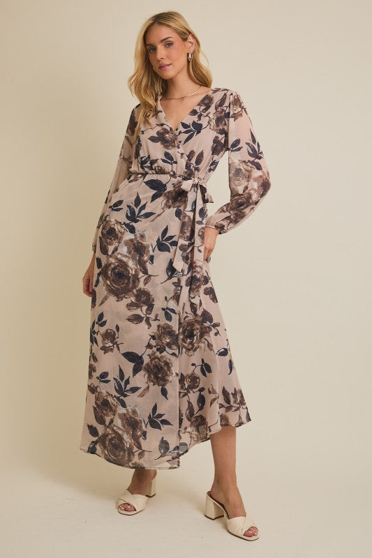 The Maribelle Floral Wrap Maxi Dress – Long Sleeve Surplice Chiffon Dress