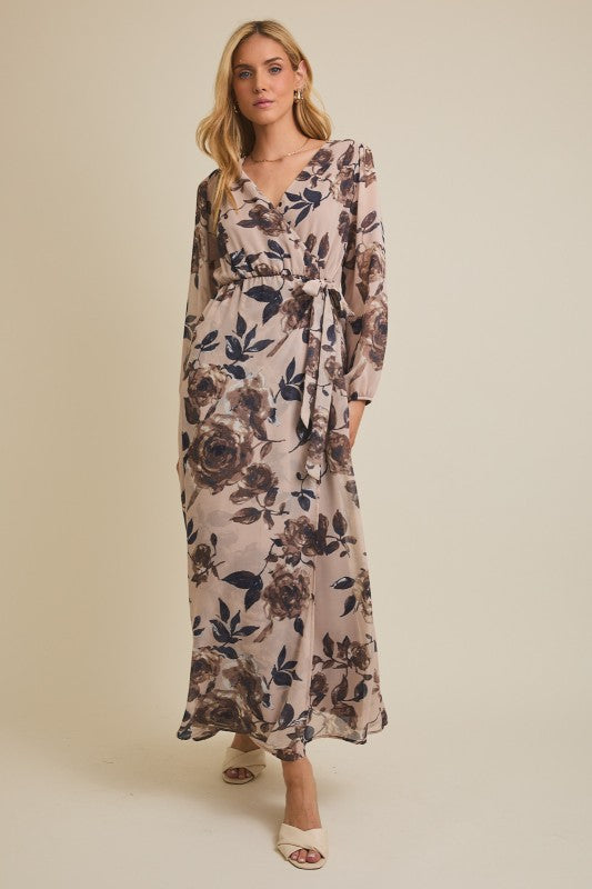The Maribelle Floral Wrap Maxi Dress – Long Sleeve Surplice Chiffon Dress