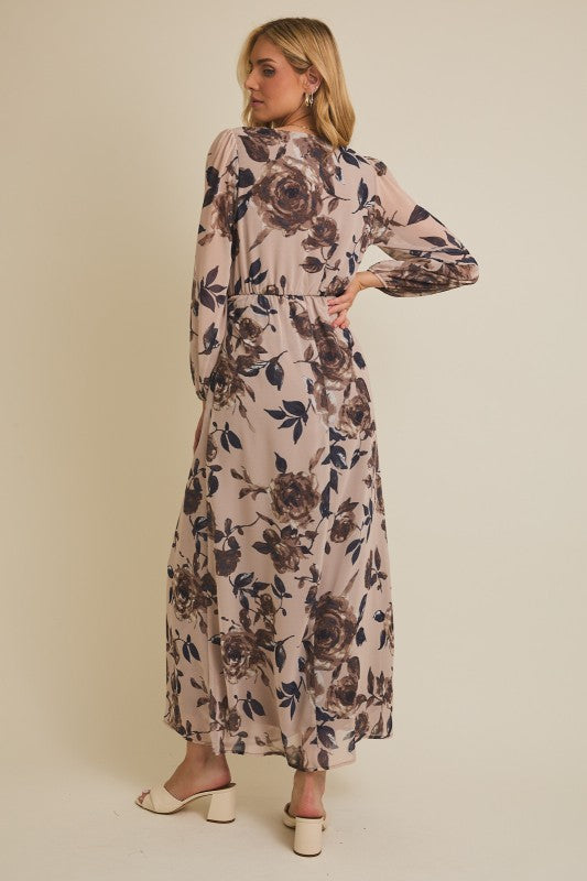 The Maribelle Floral Wrap Maxi Dress – Long Sleeve Surplice Chiffon Dress