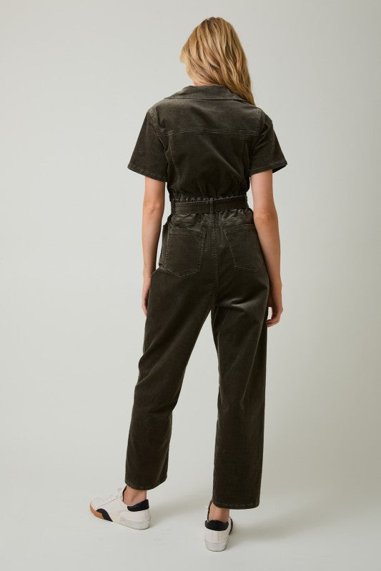 Camden Corduroy Utility Jumpsuit – Olive Green Half Sleeve Zip-Up One Piece