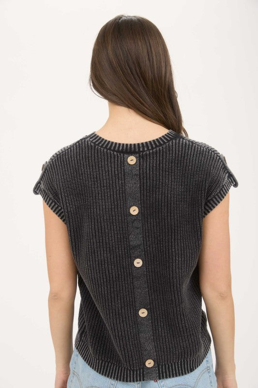 The Sawyer Button Back Knit Pullover – Washed Black Ribbed Sweater Top (S–3X)