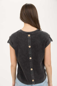 The Sawyer Button Back Knit Pullover – Washed Black Ribbed Sweater Top (S–3X)