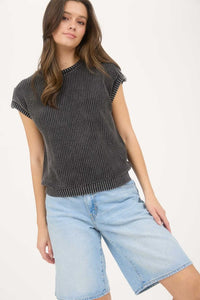 The Sawyer Button Back Knit Pullover – Washed Black Ribbed Sweater Top (S–3X)