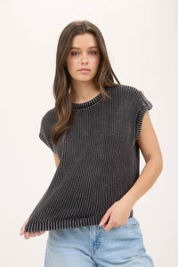 The Sawyer Button Back Knit Pullover – Washed Black Ribbed Sweater Top (S–3X)