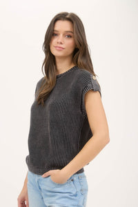 The Sawyer Button Back Knit Pullover – Washed Black Ribbed Sweater Top (S–3X)