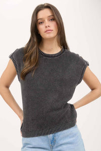 The Sawyer Button Back Knit Pullover – Washed Black Ribbed Sweater Top (S–3X)