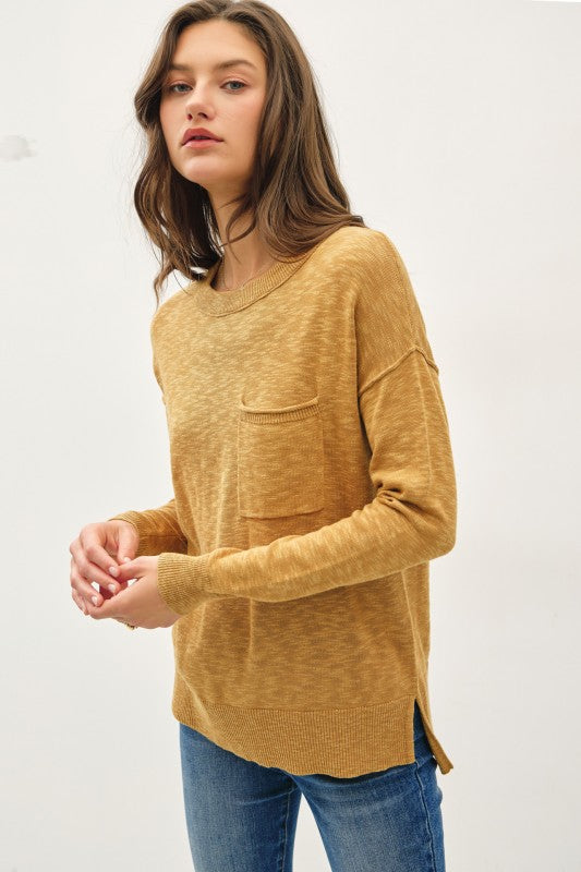 Delaney Slub Knit Pocket Sweater – Oversized Crewneck Pullover Top