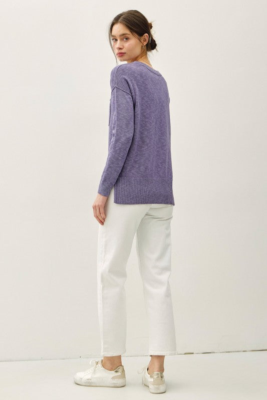 Delaney Slub Knit Pocket Sweater – Oversized Crewneck Pullover Top