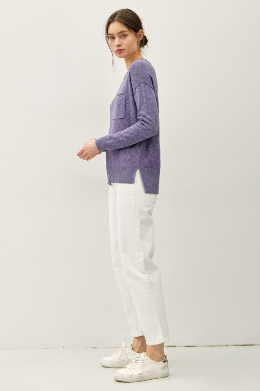 Delaney Slub Knit Pocket Sweater – Oversized Crewneck Pullover Top