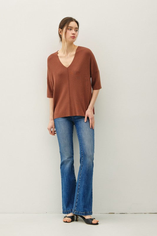 Rowan V-Neck Half Sleeve Sweater Top – Relaxed Knit Pullover