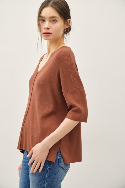 Rowan V-Neck Half Sleeve Sweater Top – Relaxed Knit Pullover