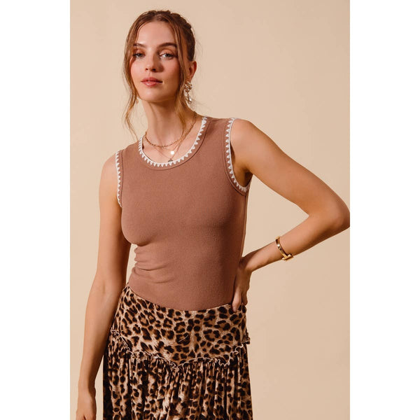 Avery Contrast Embroidered Ribbed Tank: Caramel