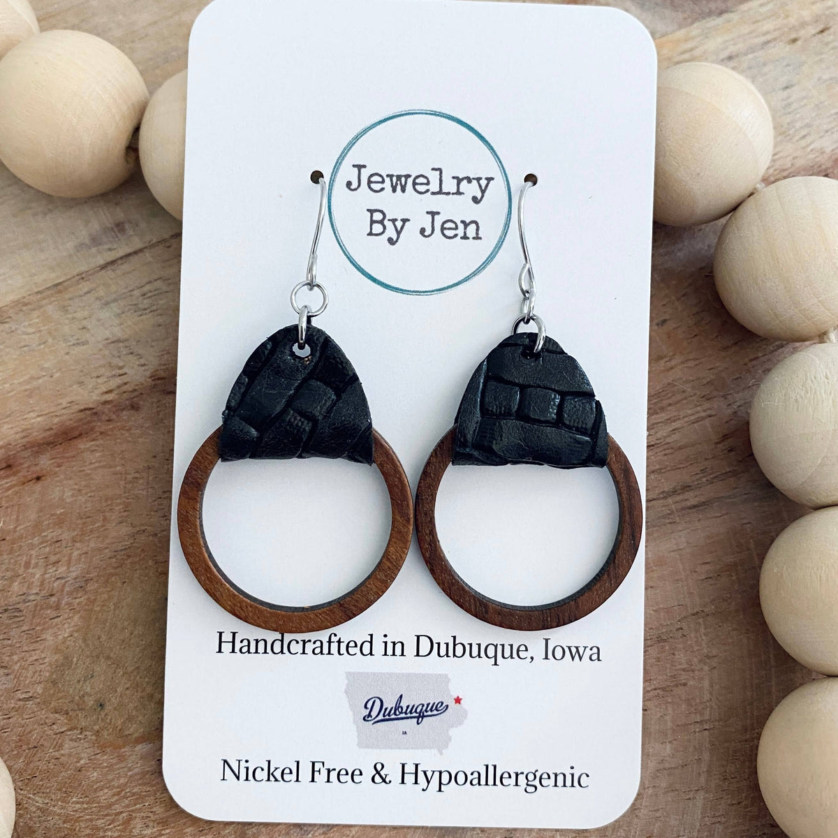 Camden Leather & Wood Hoop Earrings – Genuine Leather, Nickel-Free Hypoallergenic Jewelry