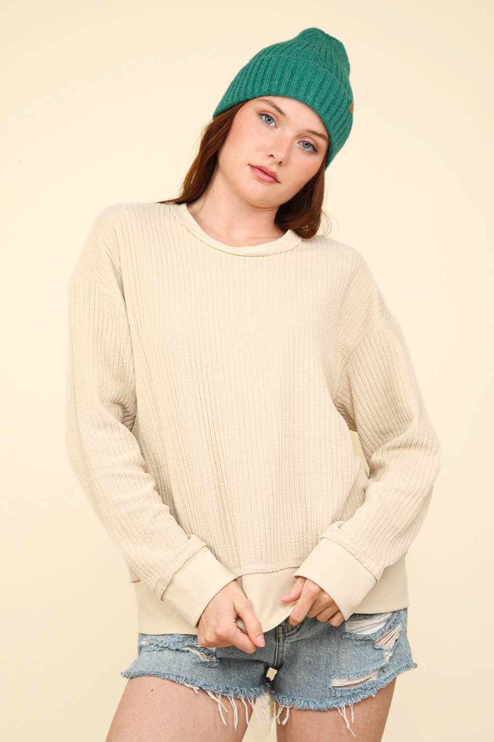 Caroline Oversized Soft Textured Knit Top: Cream