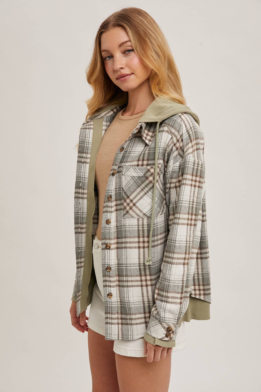 Aspen Hooded Plaid Shacket – Fall  Button-Down Jacket