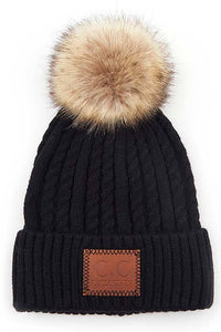 C.C Double Braided Beanie with Faux Fur Pom – Warm Winter Hat with Leather Patch
