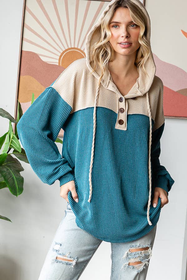 Elena Ribbed Button Front Hoodie – Colorblock Knit Pullover with Bishop Sleeves
