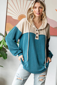 Elena Ribbed Button Front Hoodie – Colorblock Knit Pullover with Bishop Sleeves