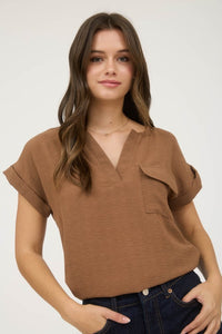 The Hadley Back Button Woven Blouse – Warm Chestnut