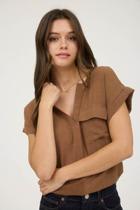 The Hadley Back Button Woven Blouse – Warm Chestnut