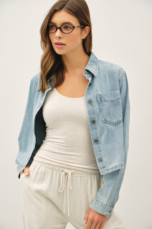 "Lennox Cropped Denim Shirt Jacket – Boxy Fit Button-Up (S–L)