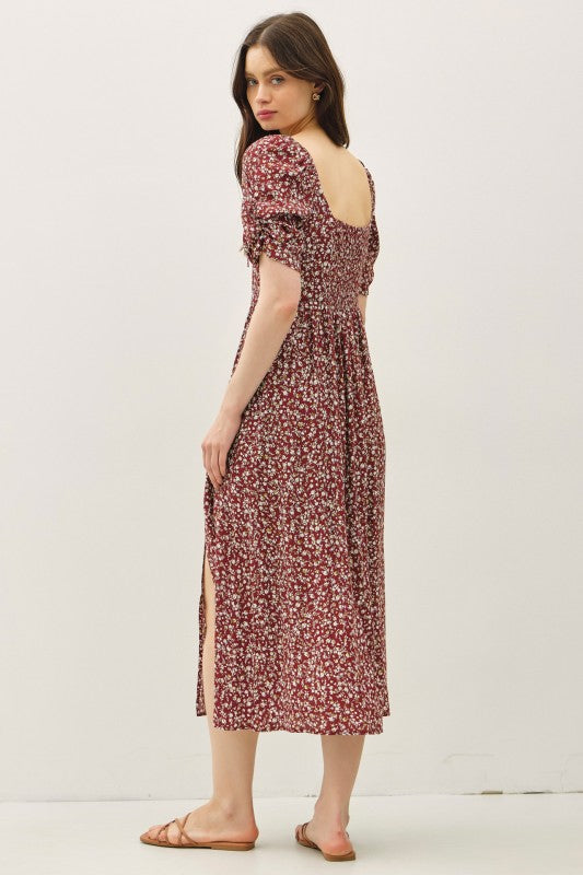 Willow Floral Smocked Midi Dress: Brick – Square Neck Ruched Bust, Lightweight Side Slit Sundress