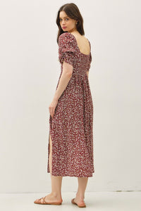 Willow Floral Smocked Midi Dress: Brick – Square Neck Ruched Bust, Lightweight Side Slit Sundress