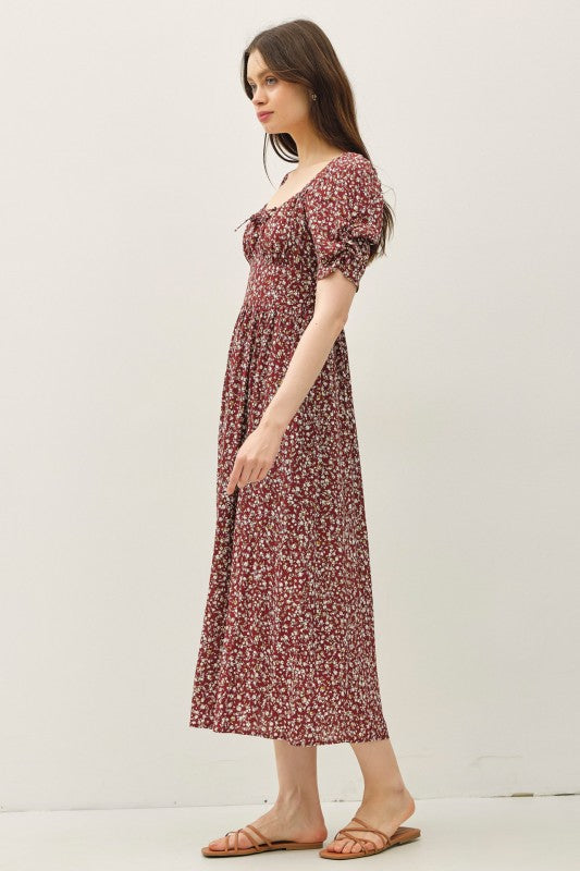 Willow Floral Smocked Midi Dress: Brick – Square Neck Ruched Bust, Lightweight Side Slit Sundress