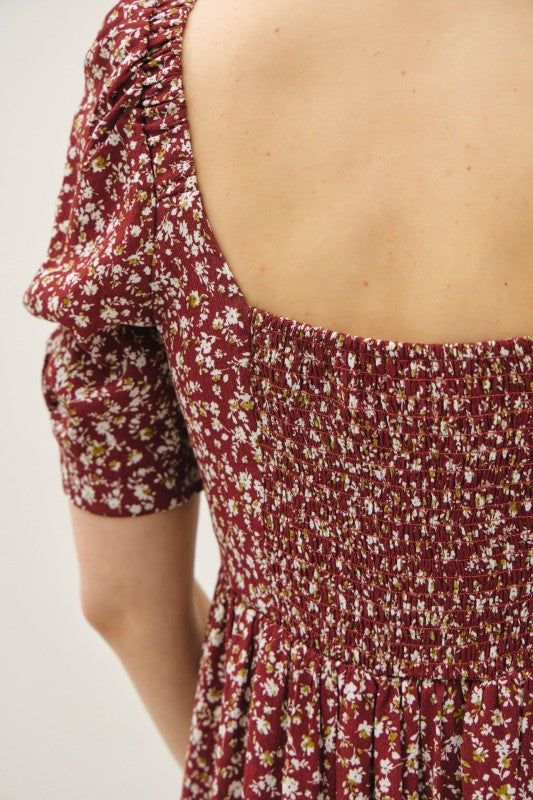 Willow Floral Smocked Midi Dress: Brick – Square Neck Ruched Bust, Lightweight Side Slit Sundress