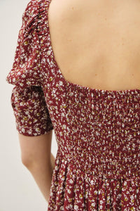 Willow Floral Smocked Midi Dress: Brick – Square Neck Ruched Bust, Lightweight Side Slit Sundress