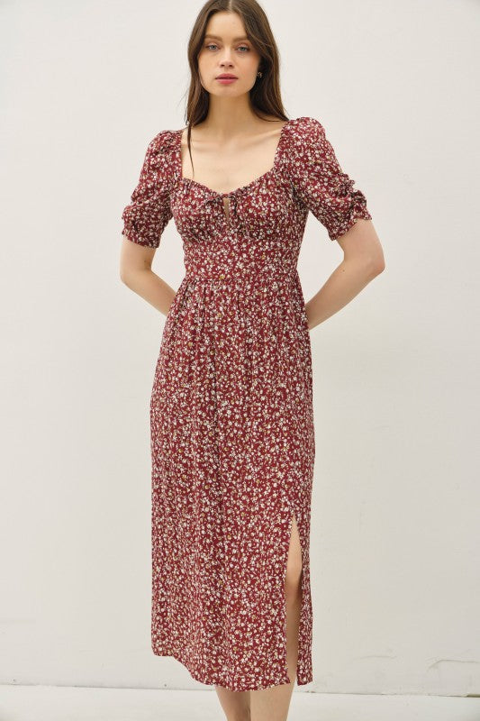 Willow Floral Smocked Midi Dress: Brick – Square Neck Ruched Bust, Lightweight Side Slit Sundress
