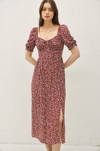 Willow Floral Smocked Midi Dress: Brick – Square Neck Ruched Bust, Lightweight Side Slit Sundress