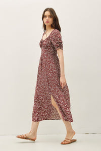 Willow Floral Smocked Midi Dress: Brick – Square Neck Ruched Bust, Lightweight Side Slit Sundress