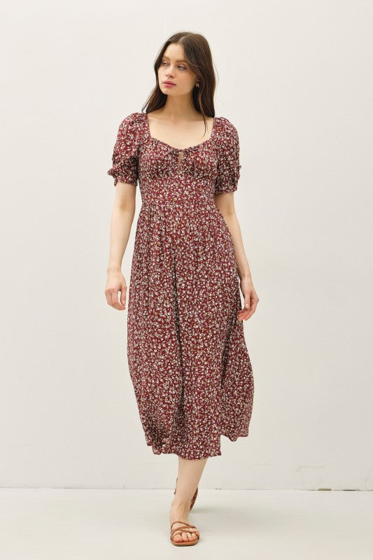 Willow Floral Smocked Midi Dress: Brick – Square Neck Ruched Bust, Lightweight Side Slit Sundress