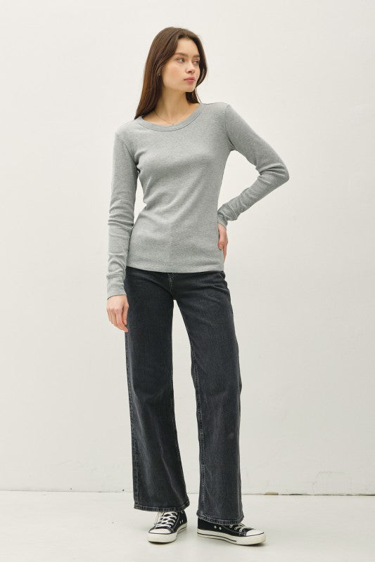 Sloane Ribbed Long Sleeve Round Neck Top – Soft Stretch Layering Essential (S–L)
