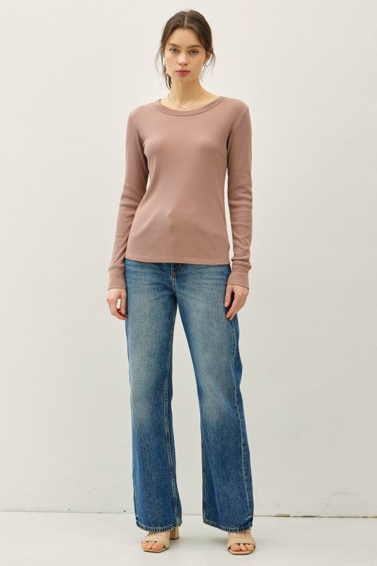 Sloane Ribbed Long Sleeve Round Neck Top – Soft Stretch Layering Essential (S–L)