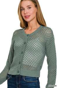 Lanie Open Weave Crochet Cardigan – Lightweight Button Front Sweater
